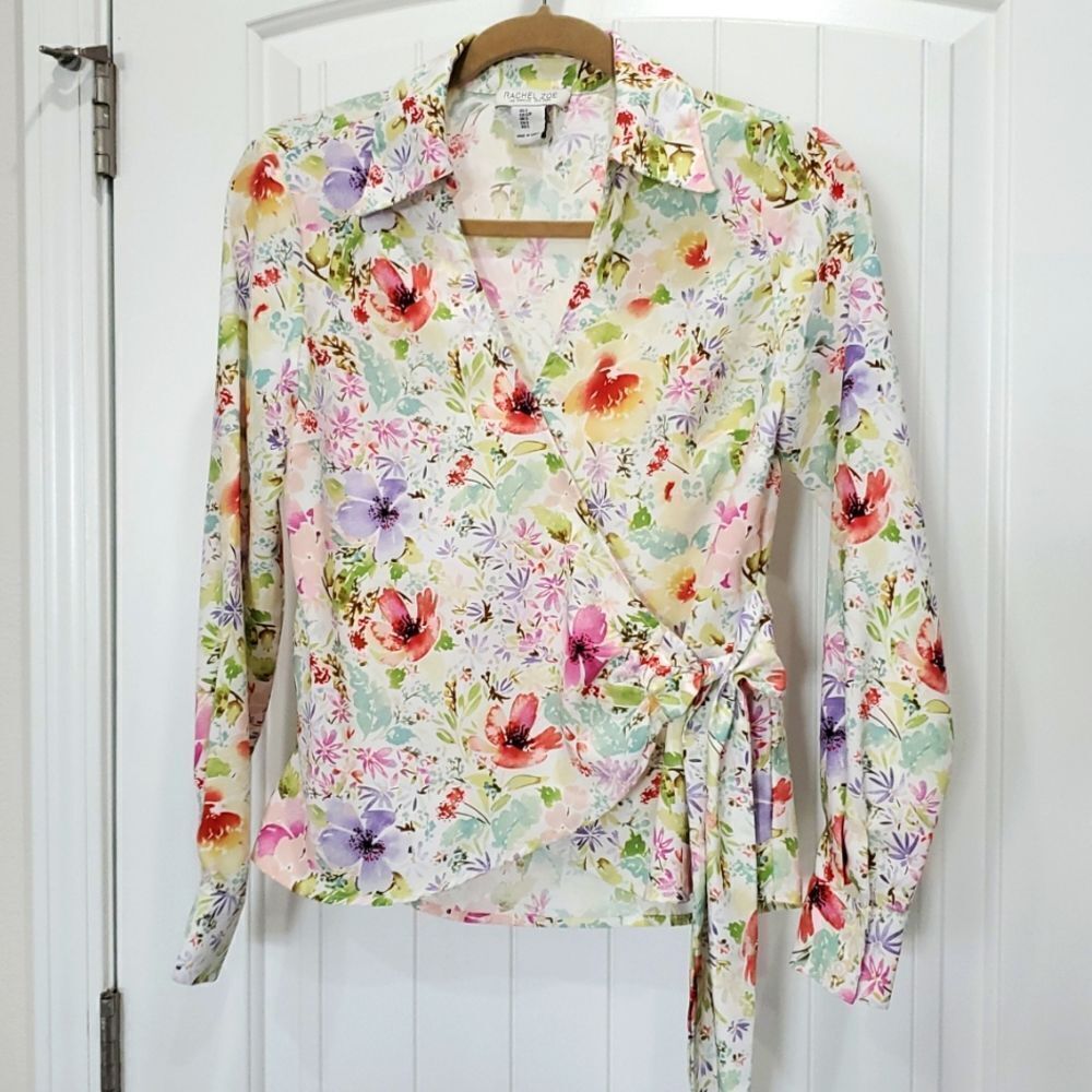 Rachel Zoe Womans Floral Wrap Blouse Side Tie Pink Red Green Blue Size Small NWO
